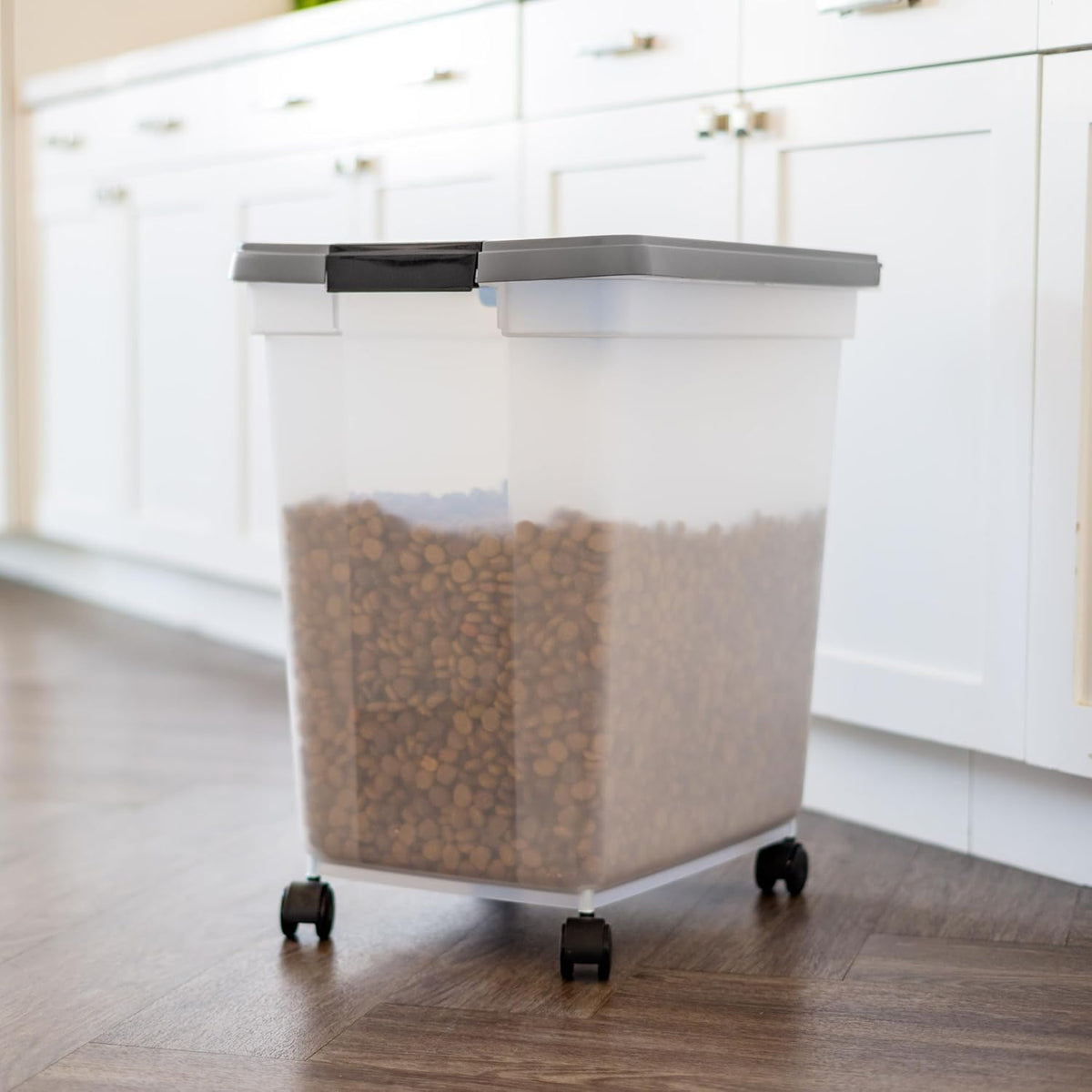 IRIS USA Airtight Dog Food Storage Container, WeatherPro, Up to 50 lbs, Removable Wheels, for Dog Cat Bird and Other Pet Food Storage Bin, Keep Fresh, Translucent Body, Made in USA, Clear/Gray