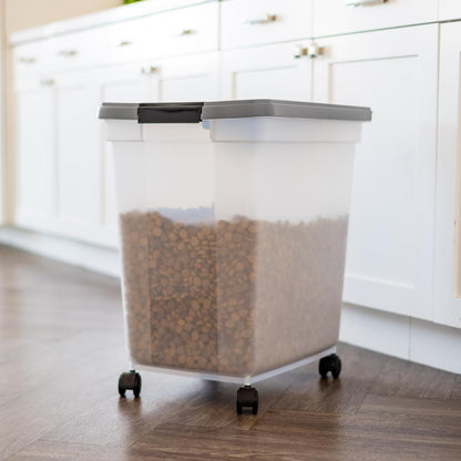 IRIS USA Airtight Dog Food Storage Container, WeatherPro, Up to 50 lbs, Removable Wheels, for Dog Cat Bird and Other Pet Food Storage Bin, Keep Fresh, Translucent Body, Made in USA, Clear/Gray