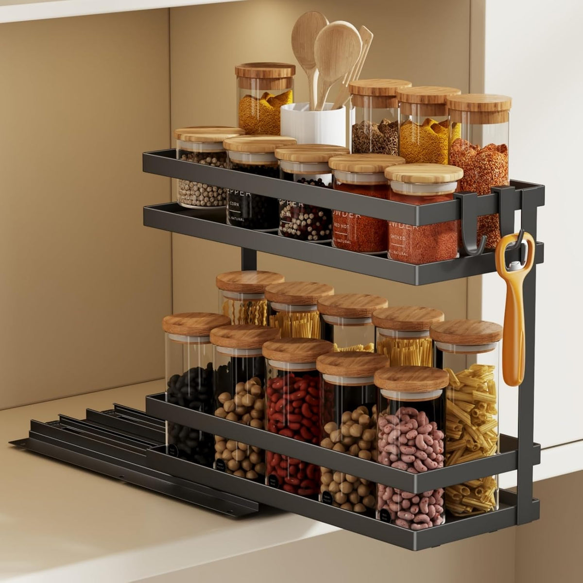 Magheo Pull Out Spice Rack Organizer for Cabinet, Metal Seasoning Organizer Slide Out Spice Storage Shelf No Assembly Vertical Spice Rack Pullout for Kitchen & Bahthroom No Drill(2 Tier,Black)