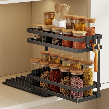 Magheo Pull Out Spice Rack Organizer for Cabinet, Metal Seasoning Organizer Slide Out Spice Storage Shelf No Assembly Vertical Spice Rack Pullout for Kitchen & Bahthroom No Drill(2 Tier,Black)