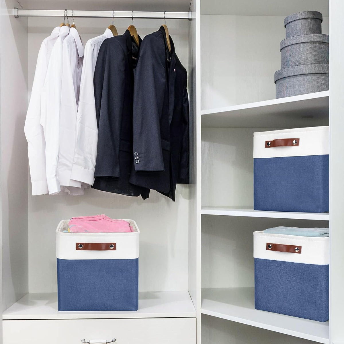 Bagnizer Large Fabric Storage Baskets | 50L Storage Bins, Decorative Linen Closet Baskets with Handles for Organizing, Shelf, Toys, Clothes, Home, Office, Nursery, 17x12x15Inches (Grey&White)