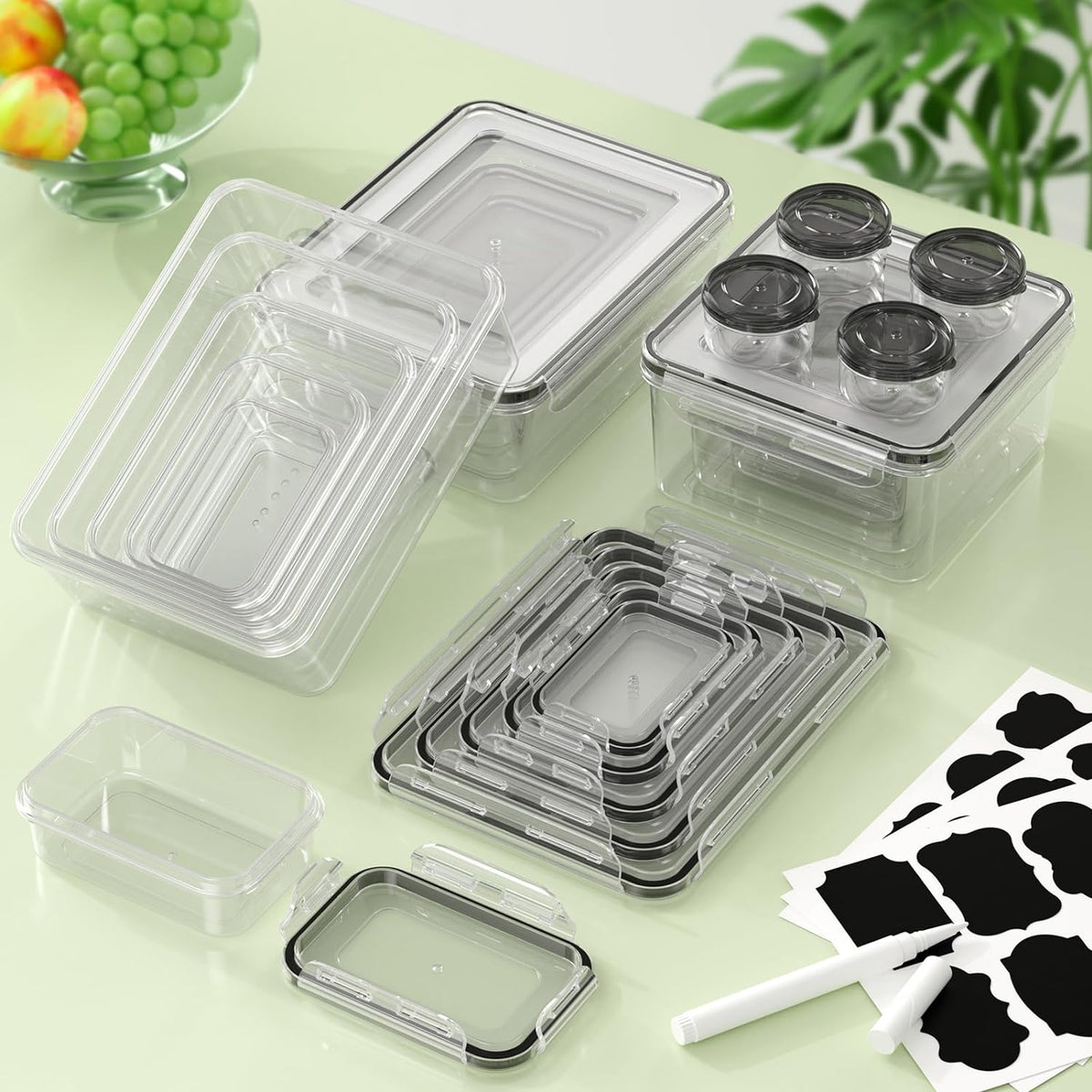 KEMETHY Food Storage Containers with Lids(18 Container & 18 Lid), Plastic Food Containers for Pantry & Kitchen Storage and Organization, BPA-Free, Leak Proof, Reusable with Labels & Pen