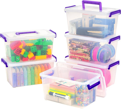 IRIS USA 6 Qt. Plastic Craft Storage Container Bins with Lids, Small Art & Office Supply Organizer Tote, Sensory Bins & Boxes for Home & University, Stackable, Secure Latch Buckles, Clear