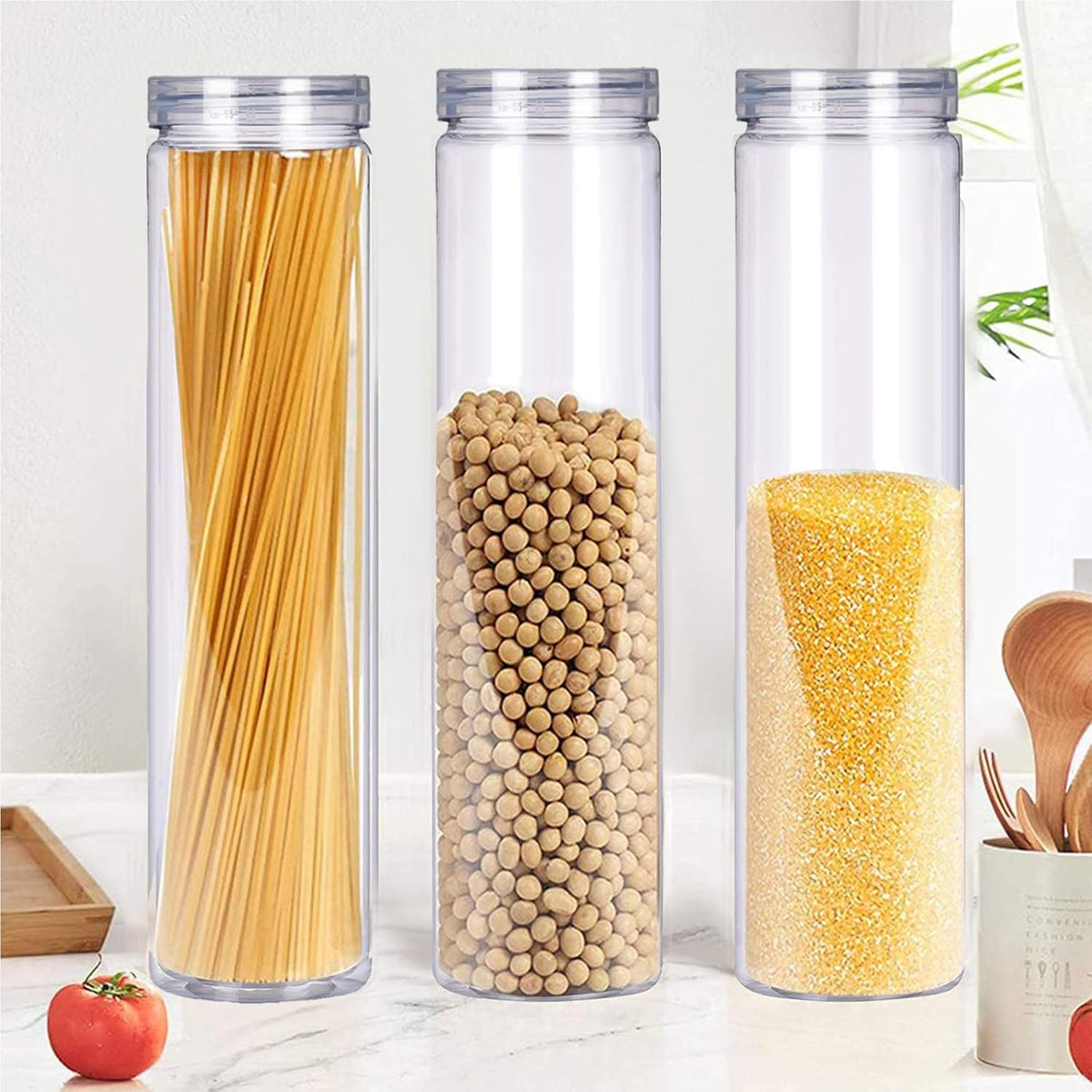 3Pcs Clear Plastic Food Storage Jar with Lid, Plastic Spaghetti Pasta Containers with Screw on Lids for Dry Goods, Noodles, Spices and More