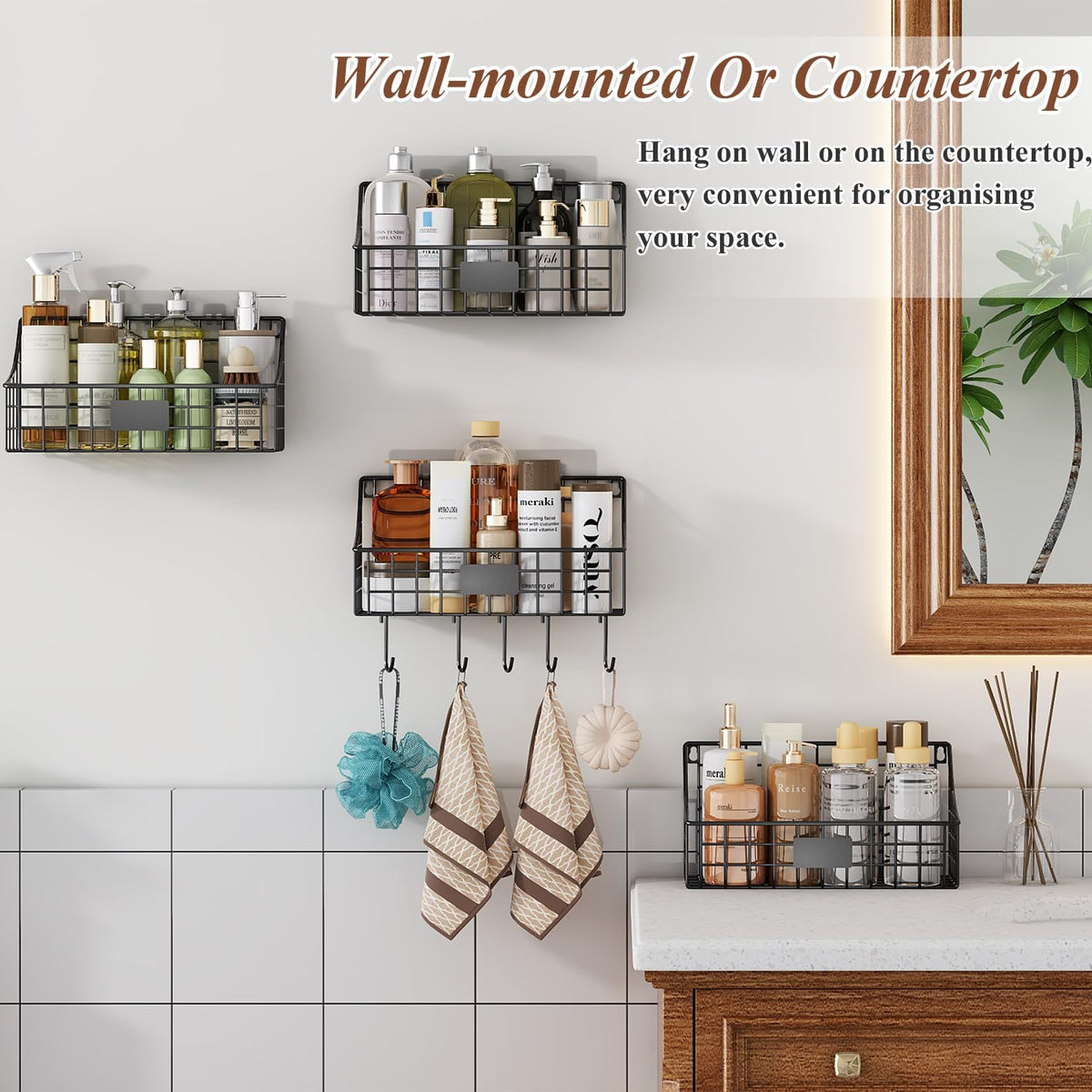 Sonyabecca 6 Pack Hanging Wall Basket for Organizing, Large Wire Basket for Storage Pantry with 5 S Hook+6 Adhesive Hook, Wall Mounted Shelf for Kitchen Bathroom