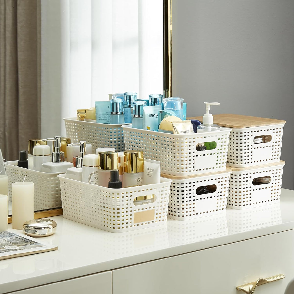 Bagnizer Small Plastic Storage Bins with Bamboo Lids 5.2qt Stackable Box Basket Pantry Decorative Containers Cute with Labels for Organizing Desktop Closet Office Cream White of 10*7.2*4.1"