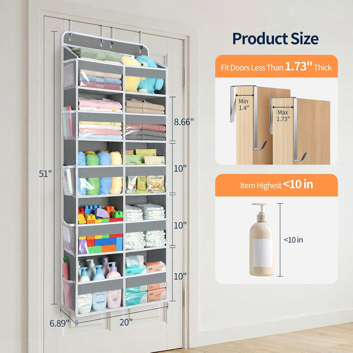 Yecaye Over The Door Organizer, 5 Tier Extra Large Behind Door Storage of 10 Compartments, 80lbs Heavy Duty Door Organizer Hanging with Clear Window for Closet Bedroom Pantry Bathroom, Grey