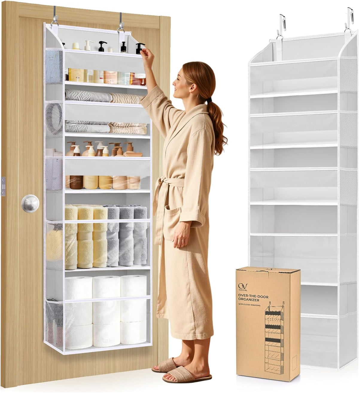 5 Tiers Over the Door Organizer with 10 Mesh Side Pockets, 44 lbs Weight Capacity Closet Hanging Storage Organizer with Large Clear Window Kids Toys, Shoes, Diapers, Beige