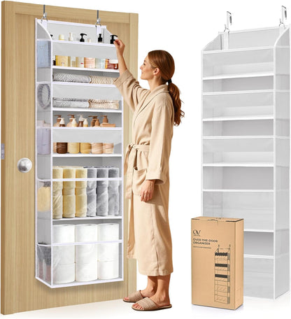 5 Tiers Over the Door Organizer with 10 Mesh Side Pockets, 44 lbs Weight Capacity Closet Hanging Storage Organizer with Large Clear Window Kids Toys, Shoes, Diapers, Beige