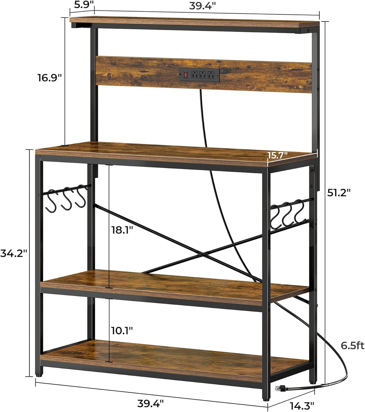 SUPERJARE Kitchen Bakers Rack with Power Outlet, Coffee Bar Table 4 Tiers, Kitchen Microwave Stand with 6 S-shaped Hooks, Storage Shelf Rack for Spices, Pots and Pans - Rustic Brown