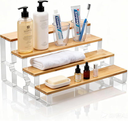 junyuan Spice Rack Organizer for Cabinet,3 Tier Spice Organization for Kitchen,Bathroom Organizers and Storage,Seasoning Countertop Shelf,Bamboo Display Shelves Racks,Clear 11.2"