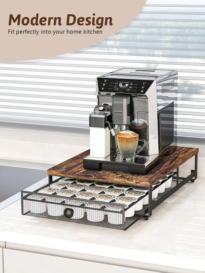 Sedegn Coffee Pod Holder Counter Coffee Vertuo Capsules Storage Organizer with Sliding Drawer Compatible For 35 K-Cup Pods No Assembly Needed Rustic Brown
