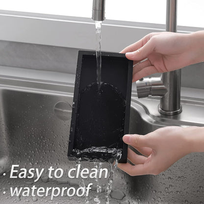 Small Silicone Bathroom Vanity Tray Rectangle Soap and Sponge Holder Kitchen Sink Organizer for Scrubber, Lotion Bottles, Perfume, Jewelry, Candle, Key Trinket Ring, Black