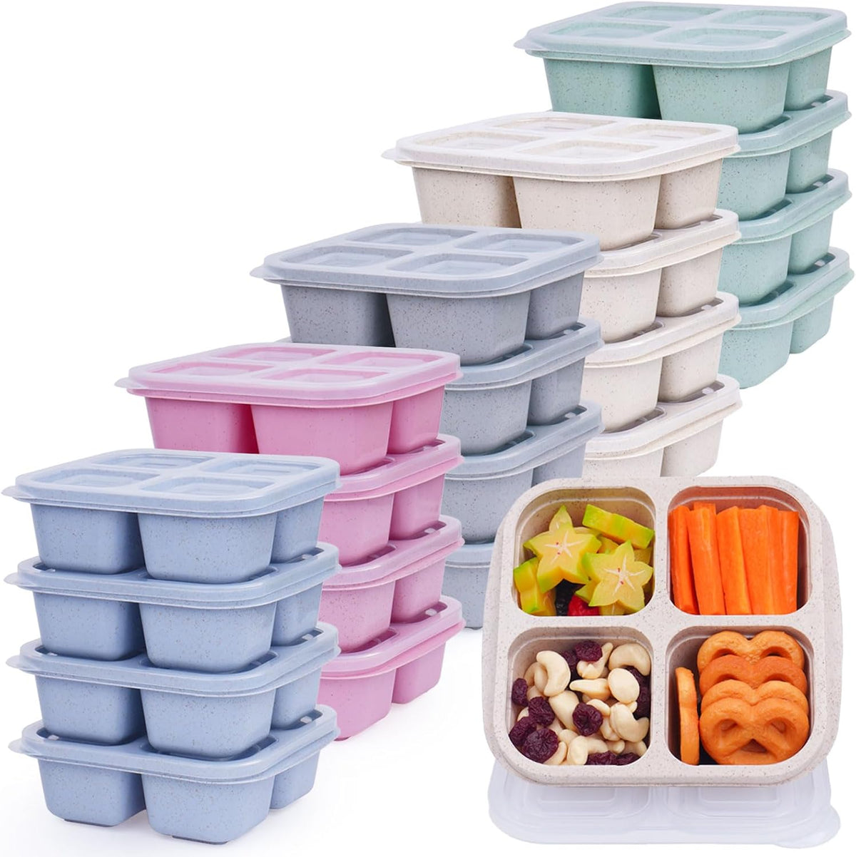 LCHLZZ Snack Containers, Divided Bento Snack Box, 4 Compartments Reusable Meal Prep Lunch Containers for Kids Adults, Food Storage Containers for School Work Travel
