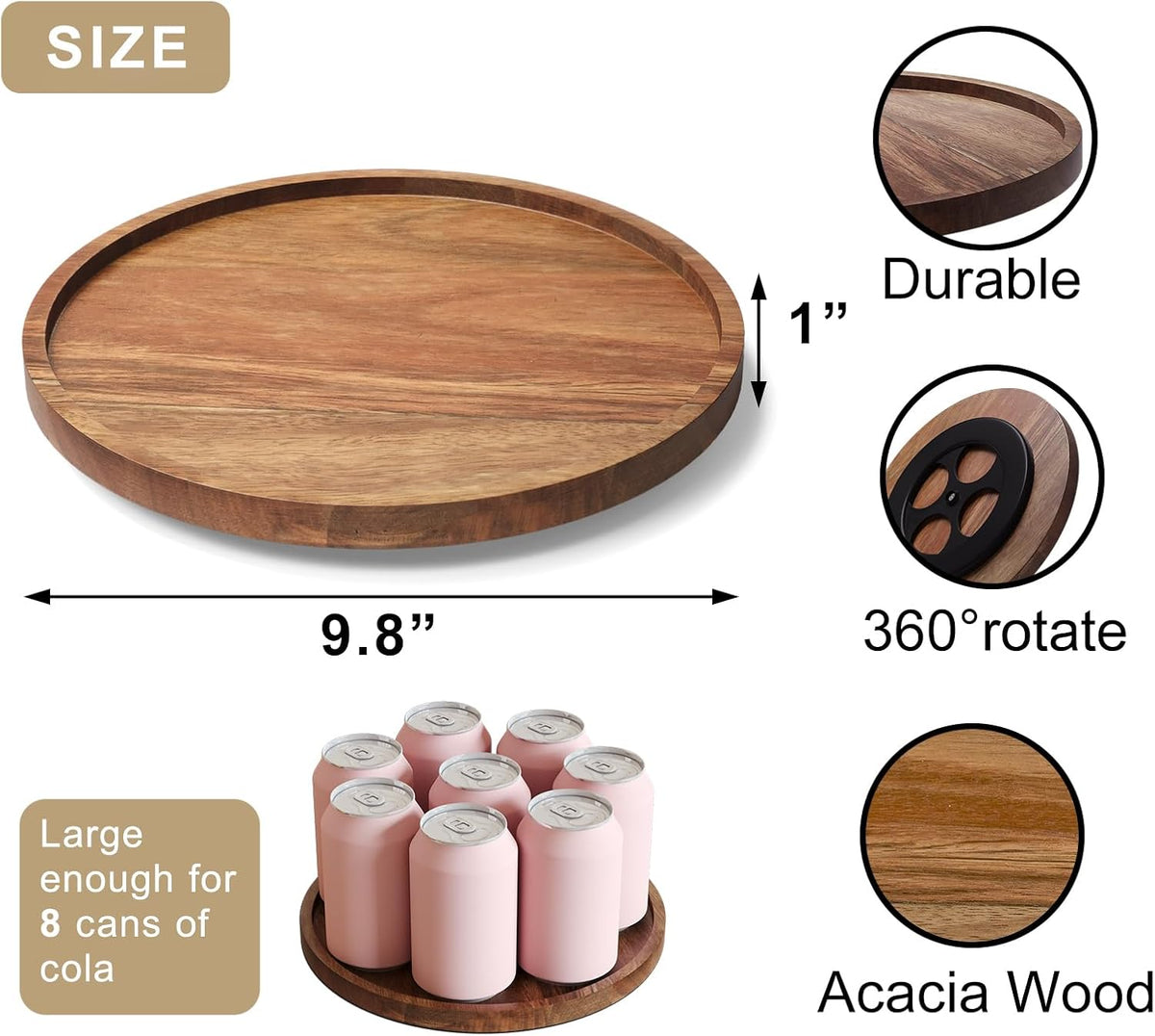 VERTORGAN Lazy Susan Organizer for Kitchen,Acacia Wood Turntable for Cabinet, Pantry, Table, Countertop, Vanity, Spice Rack（Small）