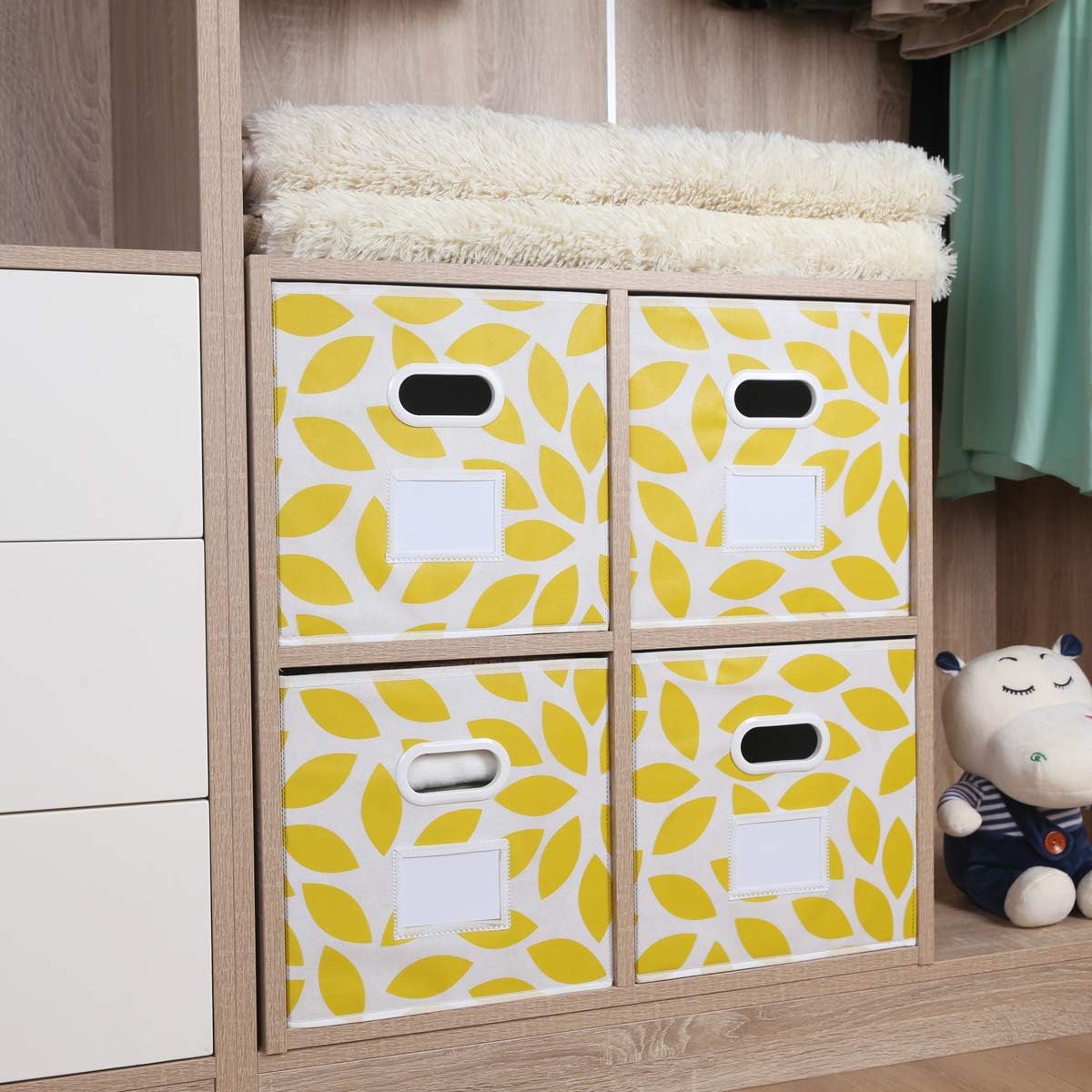 MAX Houser Fabric Storage Bins Cubes Baskets Containers with Dual Plastic Handles for Home Closet Bedroom Drawers Organizers, Flodable, Blue, Set of 4