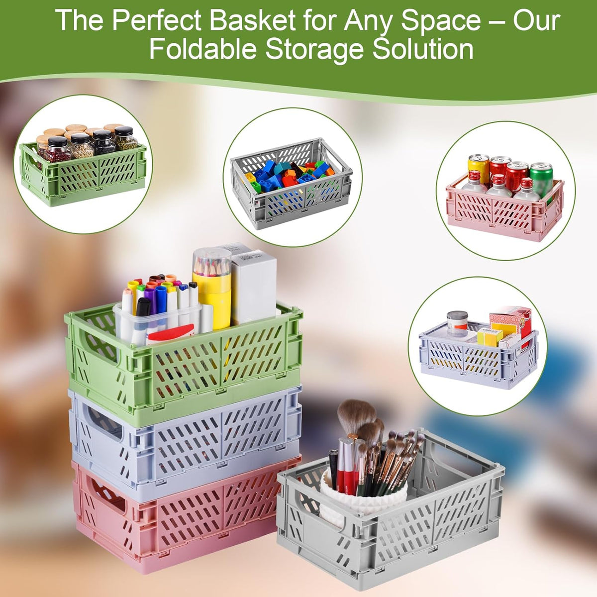 HUUSMOT 6-Pack Small Pastel Plastic Storage Baskets, Collapsible Crates for Organizing, Space-Saving Mini Bins for Classroom, Kitchen, Office, Bedroom (5.9" x 3.8" x 2.2")