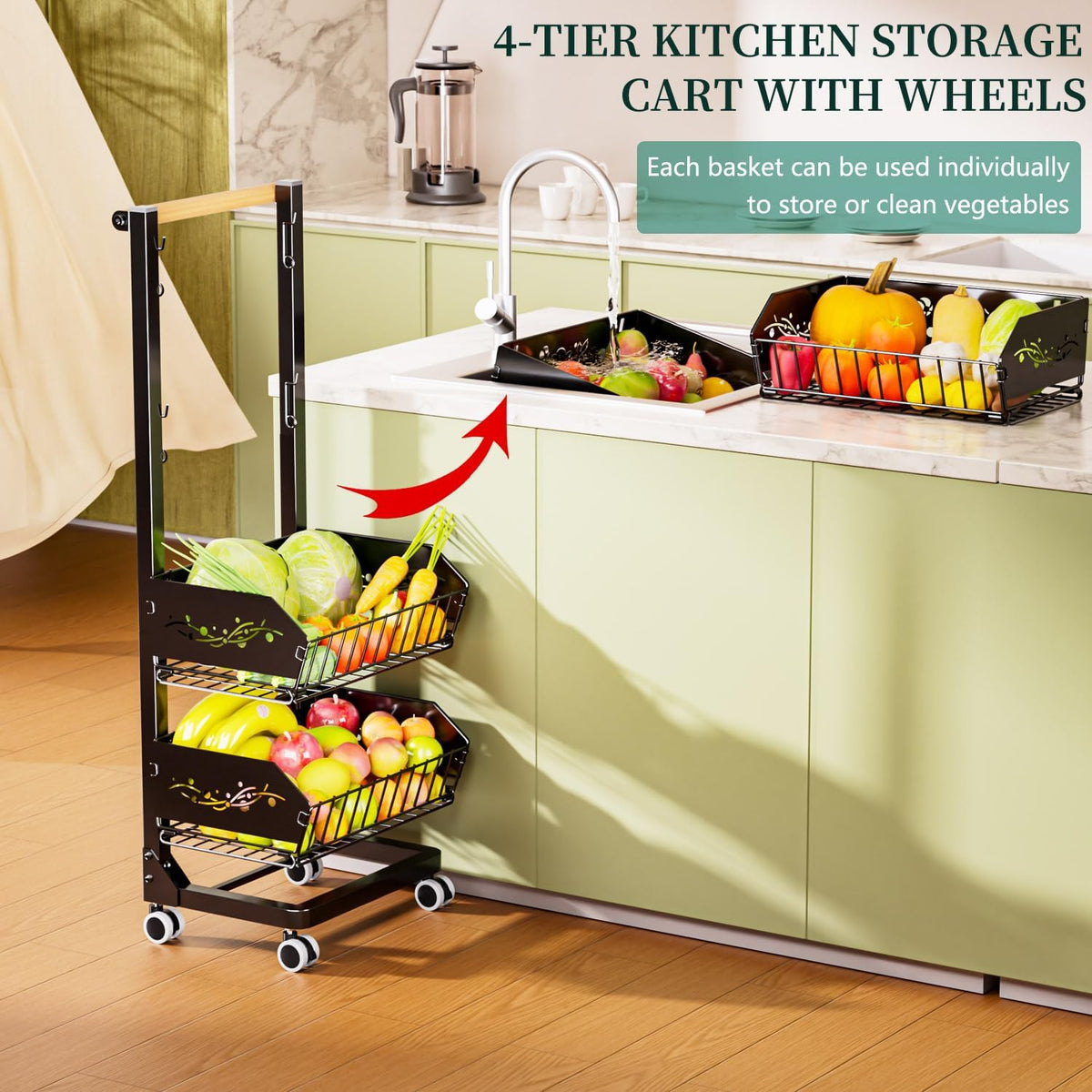 Heavy 4-Tier Snack Cart with Wheels ，Removable Rolling Pantry Floor Organizers ，Upgraded Wider and Thicker, Kitchen Fruit Basket Stand and Storage Rack for Fruit Snack Onion Potato
