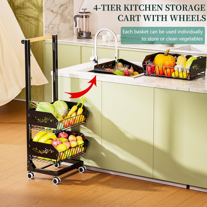 Heavy 4-Tier Snack Cart with Wheels ，Removable Rolling Pantry Floor Organizers ，Upgraded Wider and Thicker, Kitchen Fruit Basket Stand and Storage Rack for Fruit Snack Onion Potato