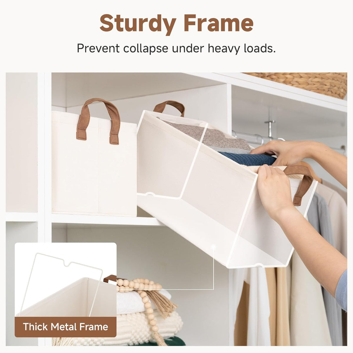StorageWorks Storage Bins, Shelves Baskets for Organizing, Fabric Closet Organizers with Handles, Metal Frame, Beige-Cotton-linen, 2-Pack