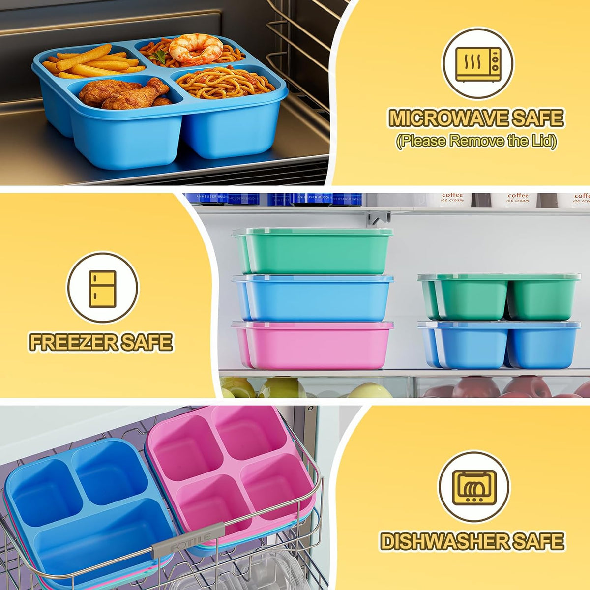 Canfanni 6 Pcs Snack Box Container Set, Reusable 3&4 Compartment Meal Prep Snack Containers for Adults Kids Toddler, BPA-Free Divided Lunchable Container for School, Work and Travel (5 Color)