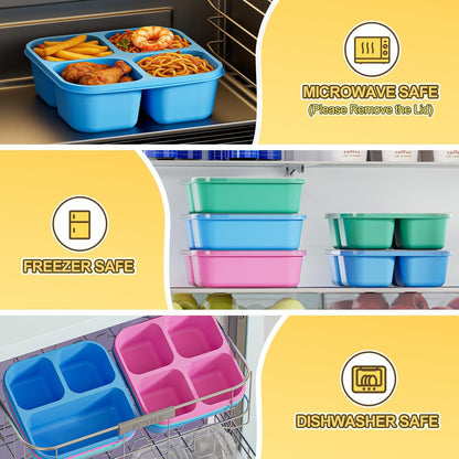 Canfanni 6 Pcs Snack Box Container Set, Reusable 3&4 Compartment Meal Prep Snack Containers for Adults Kids Toddler, BPA-Free Divided Lunchable Container for School, Work and Travel (5 Color)