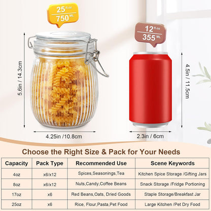 17oz Airtight Glass Jars, 6 Pack Clamp Lid Canisters, Small Food Storage Containers for Spices, Nuts, Snacks, Canning Jar for Jams & Pickling, Pantry Organization