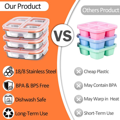 KTKUDY Stainless Steel Snack Containers - Divided Bento Snack Box - 4 Compartment Meal Prep Lunch Containers for Kids Daycare, School, Work, Travel