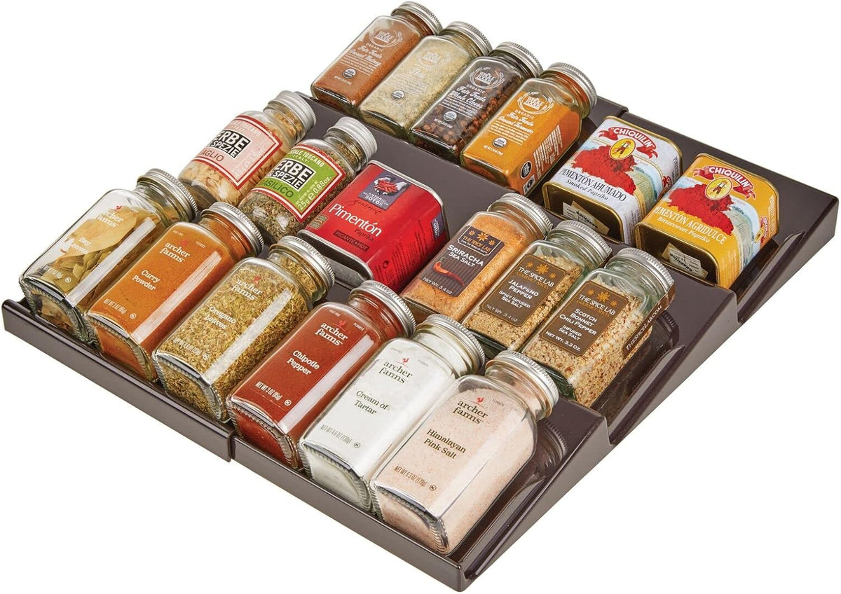 mDesign Expandable Plastic Deluxe Spice Rack, Drawer Organizer for Kitchen Cabinet Drawers, 3 Tier Slanted for Spice Jars, Food Seasoning Bottle Storage, Ligne Collection - Clear