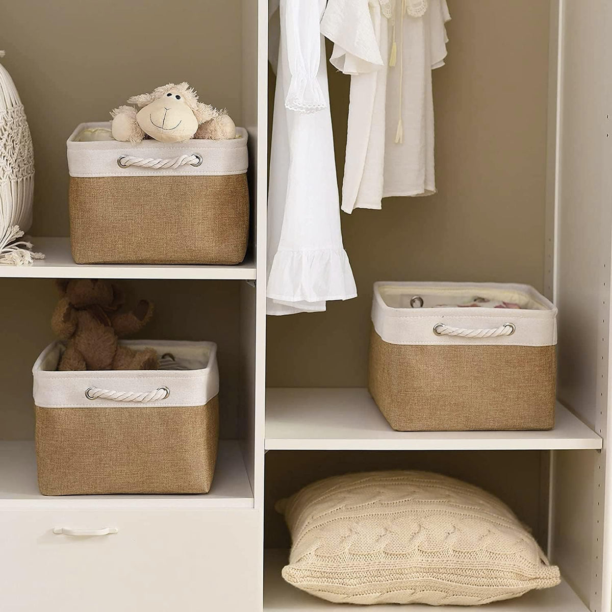 Fabric Storage Bins 12x8x5 inch [6-Pack] with Rope Handles - Decorative Baskets for Organizing