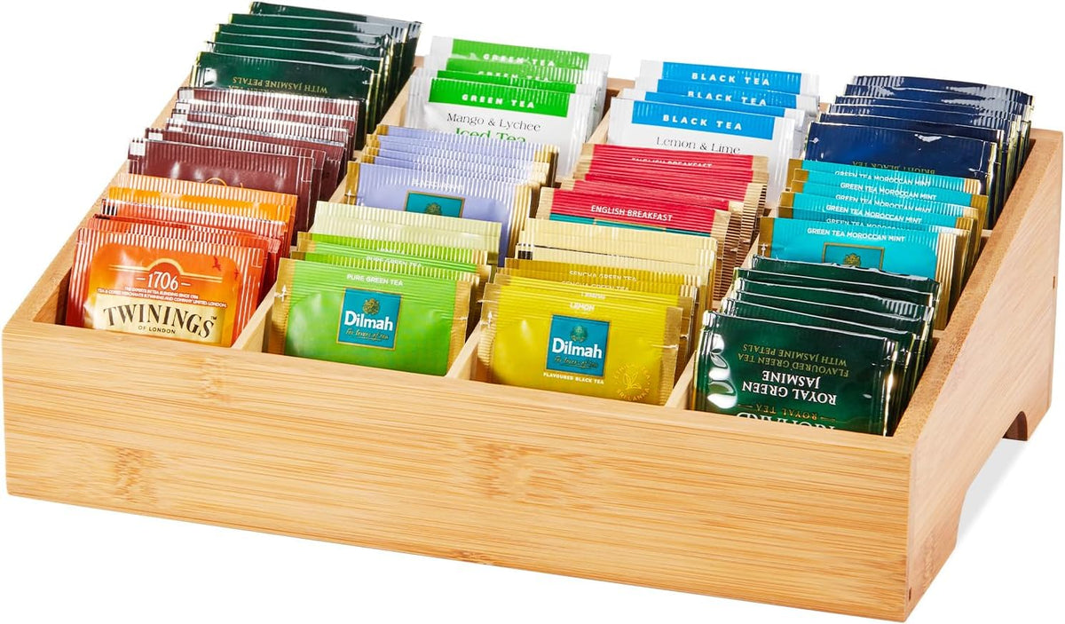 TIMIEEYA Tea Bag Organizer - Bamboo Tea Storage Organizer With Drawer 2 Layer, Tea Organizer for Tea Bags Natural Wood & Acrylic for Countertop Office Kitchen Cabinet Pantry