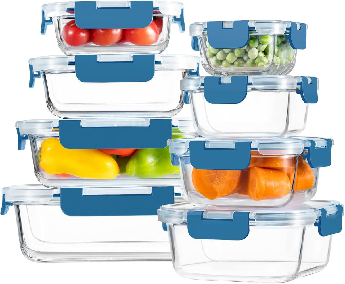 8 Pack Borosilicate Glass Food Storage Containers with Lids, Glass Meal Prep Containers, Airtight Bento Lunch Boxes with Snap Locks, Oven, Freezer and Dishwasher Safe, BPA Free, Kitchen Storage Set