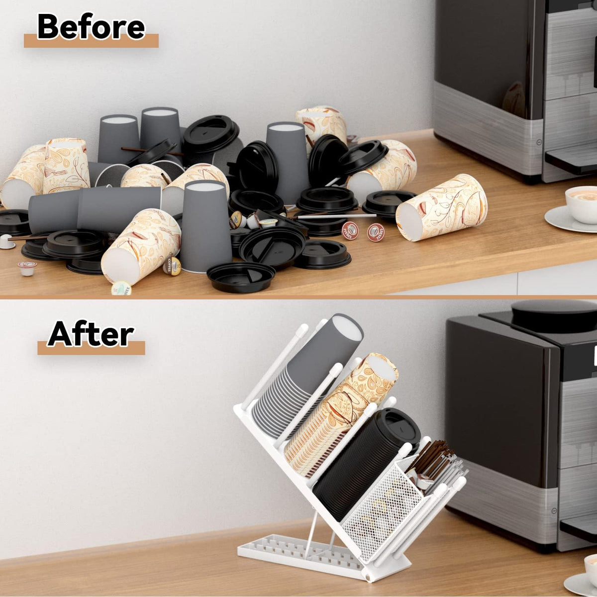 OVICAR Cup and Lid Holder - Adjustable Coffee Cup Holder Organizer 4 Compartment Disposable Cup Dispenser with Coffee Pod Straw Storage Basket for Coffee Station Bar Countertop Breakroom Metal Black