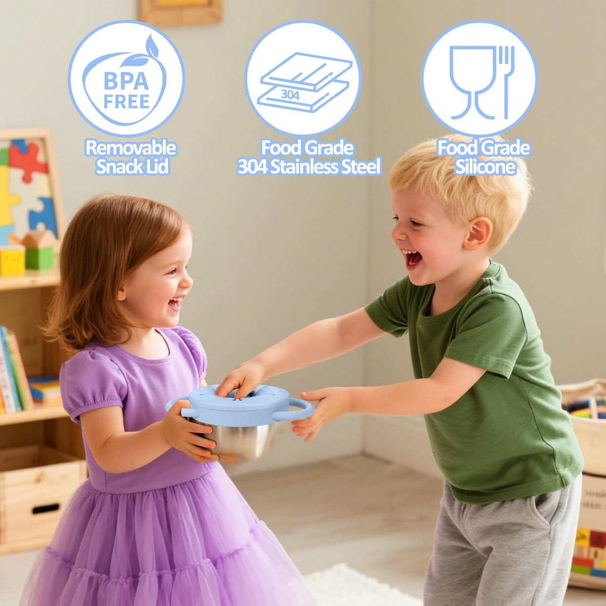 BUSOHA 2 Pack Stainless Steel Toddler Snack Cups - 9 OZ Spill-Proof Baby Snack Containers with Silicone Catcher and Lid Travel Snack Containers for Kids Food Grade Silicone Dishwasher Safe