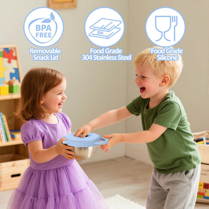 BUSOHA 2 Pack Stainless Steel Toddler Snack Cups - 9 OZ Spill-Proof Baby Snack Containers with Silicone Catcher and Lid Travel Snack Containers for Kids Food Grade Silicone Dishwasher Safe