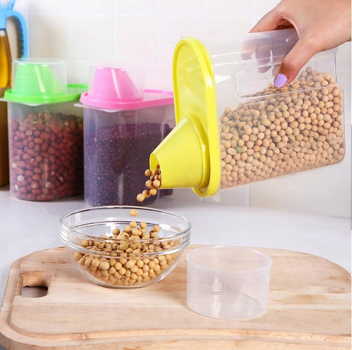 Basicwise 2.5 Liters Set of 3 Large Airtight Food Storage Containers with Pouring Spout and Measuring Cup Lid for Flour Sugar Cereal Rice Pantry Staples & Baking Ingredients in Green Pink and Yellow