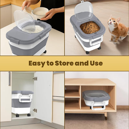 HOYTAMDAR 20-50Lbs Rice Container,Collapsible Food Storage Containers with Airtight Clear Lid,Wheels,Rice Storage Container with Small Bin and Scoop,Rice Dispenser for Flour Sugar Cereal Grain Dog Cat