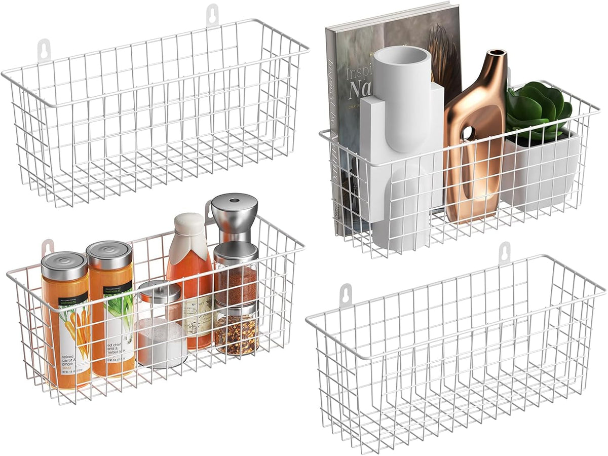 MaraFansie [Extra Large] Wire Basket Hanging Wall Organizer Cabinet Storage Basket Wall Mounted Shelves Rustic Farmhouse Decor for Home Kitchen Bathroom, BLACK