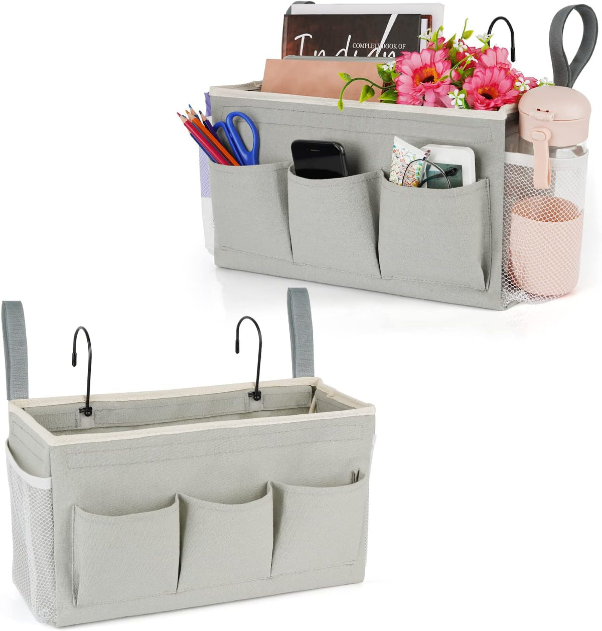 Lilithye Bedside Caddy Storage Organizer with Fixed Straps and Water Bottle Holder for Home, College, Dorm, Bunk/Hospital/Crib Bed Rails, White