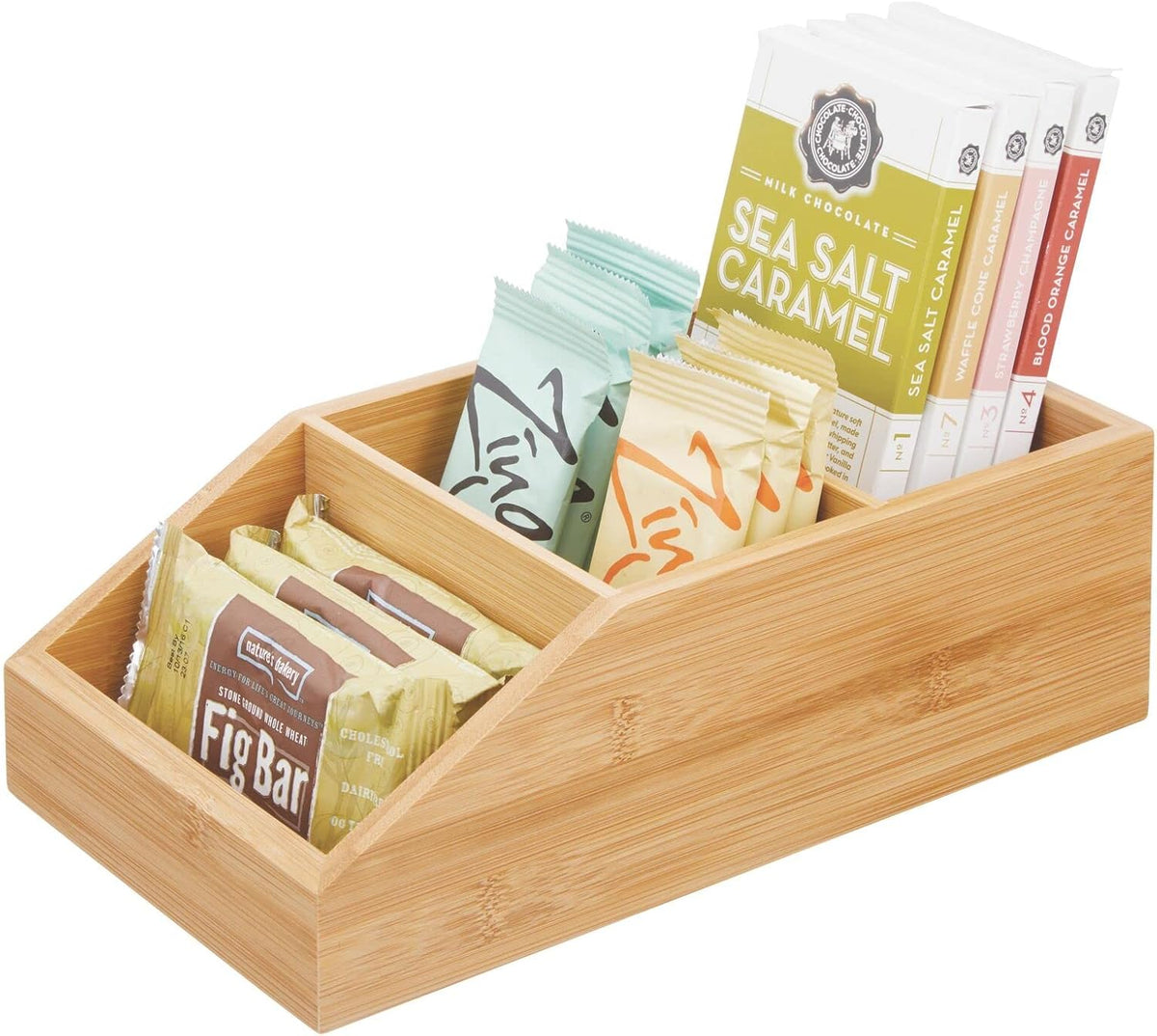 mDesign Bamboo Wood Food Storage Bin with Divided 3 Compartments and Sloped Front for Kitchen Cabinet, Pantry, Shelf to Organize Seasoning Packets, Powder Mixes, Spices, Snacks - Natural