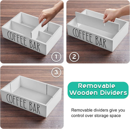ALELION Coffee Station Organizer - Wood Countertop Accessories Organizer with Removable Dividers for Pods Condiment Syrup Tea Cups Stirrers - for Farmhouse Coffee Bar Decor