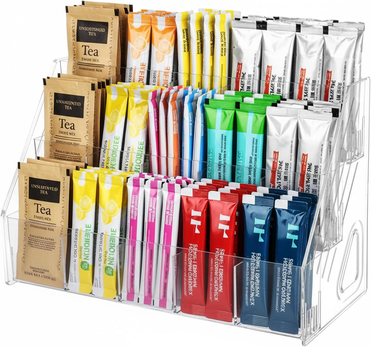 3-Tier Acrylic Drink Packet Organizer with 15 Compartments, Sugar Packets Drink Mix Organizer, Water Flavor Packet Holder for Kitchen Pantry Cabinet Storage,Coffee Station