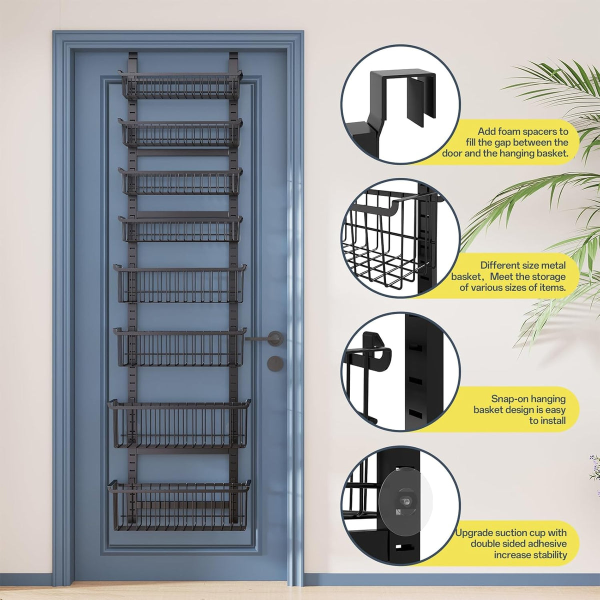 Over The Door Pantry Organizer, 8-Tier Over The Door Organizer with Adjustable Baskets, Metal Hanging Spice Rack for Pantry Organizers and Storage, Suitable for Kitchen Laundry Room & Bathroom, White