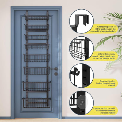 Over The Door Pantry Organizer, 8-Tier Over The Door Organizer with Adjustable Baskets, Metal Hanging Spice Rack for Pantry Organizers and Storage, Suitable for Kitchen Laundry Room & Bathroom, White