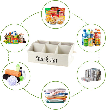 Snack Organizer for Countertop, Trapezoid Fabric Snack Bin Holder with Side Handles, 6 Compartment Snack Basket Container, Lightweight Snack Bar Station Organizer, Kitchen Pantry Storage-Black
