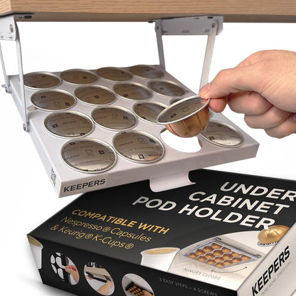 COFFEEKEEPERS KEEPERS Under Cabinet K Cup Holder with Swing-Down Access – Space-Saving Coffee Pod Holder and K Cup Organizer for 24 Pods – Steel Coffee Pod Organizer with Easy DIY Installation
