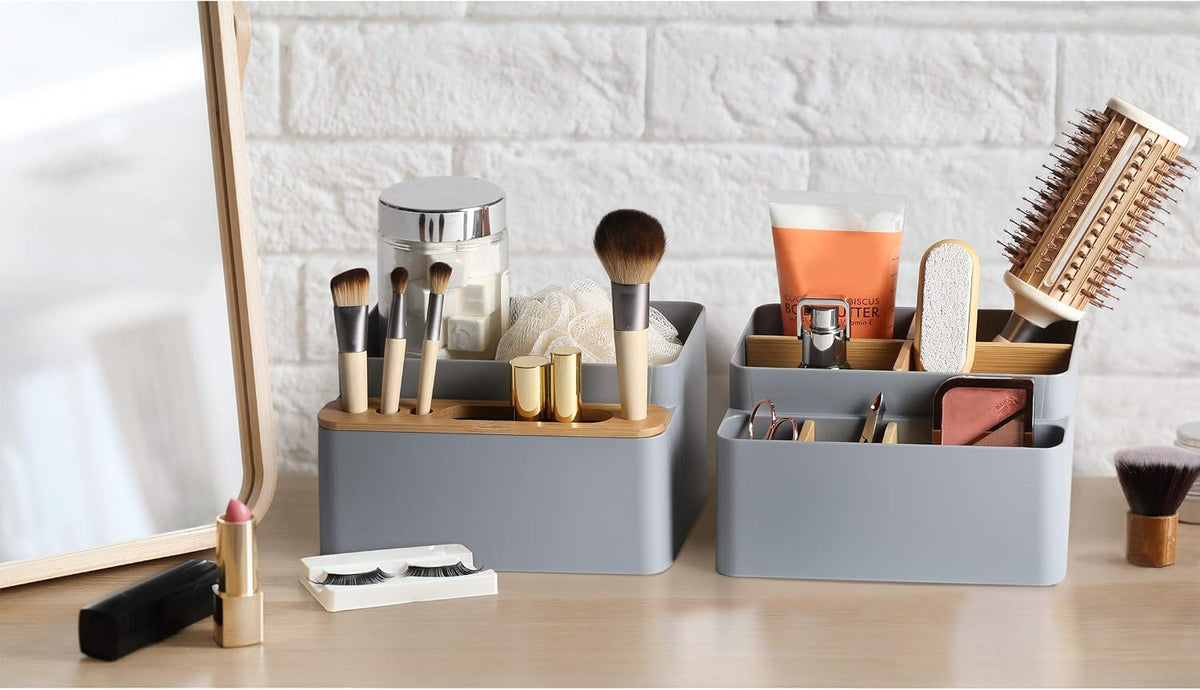 Seville Classics Bamboo Premium Organizer Storage Bins for Kitchen Silverware, Pantry, Closet, Office Desk, Pens, Utensils, Makeup, K Cup, Bamboo, Bag Holder Bin Set
