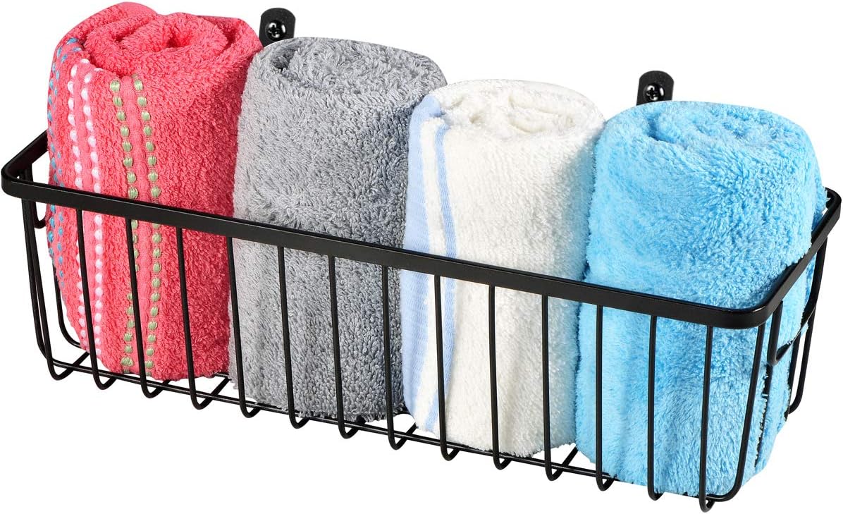 SheeChung Farmhouse Metal Wire Bin Basket with Wall Mount - Small, - Portable Hanging Wall Basket, Rustic Home Storage Organizer for Cabinets, Pantry, Closets, Bathroom, Kitchen,Bedroom(Black)
