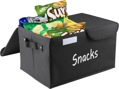Snack Organizer for Pantry Shelf, Fabric Snack Organizer with Double Lids & Handles, Large 2-Compartment Snack Bin Snack Holder, Snack Basket for Chips Packets, Snack Bar Station Decor -Black