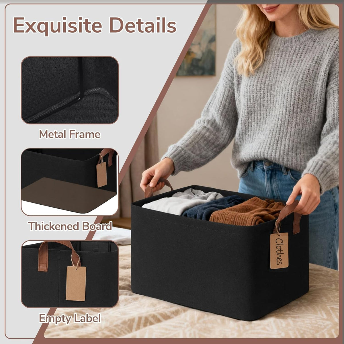 CHICVITA 4 Pack Large Storage Baskets for Shelves, Collapsible Closet Organizer Bins with Metal Frame, Fabric Storage Bins for Clothes Towels Organization, 16.8" x 11" x 9.8", Beige